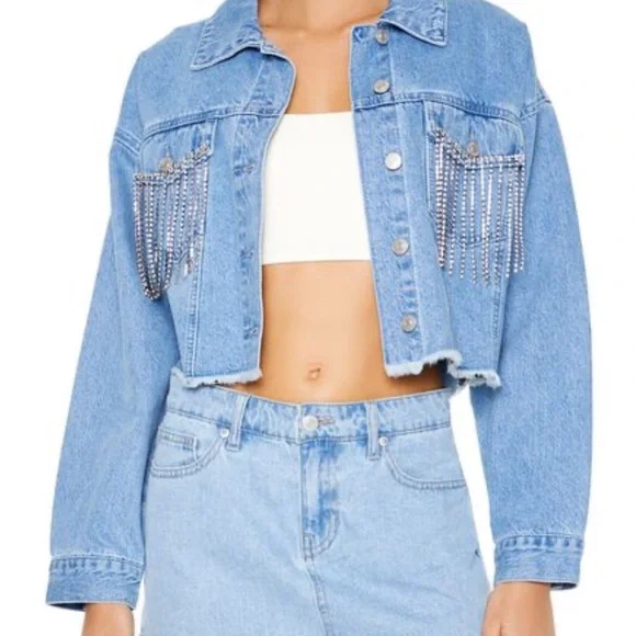 Forever 21 Rhinestone Fringe Denim Jacket - size small - Picture 2 of 4